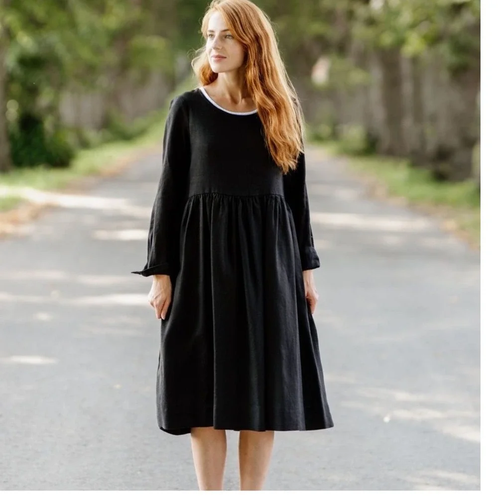 Son de Flor‎ Black Linen Dress XS Long Sleeve Cottagecore Minimalist Pockets